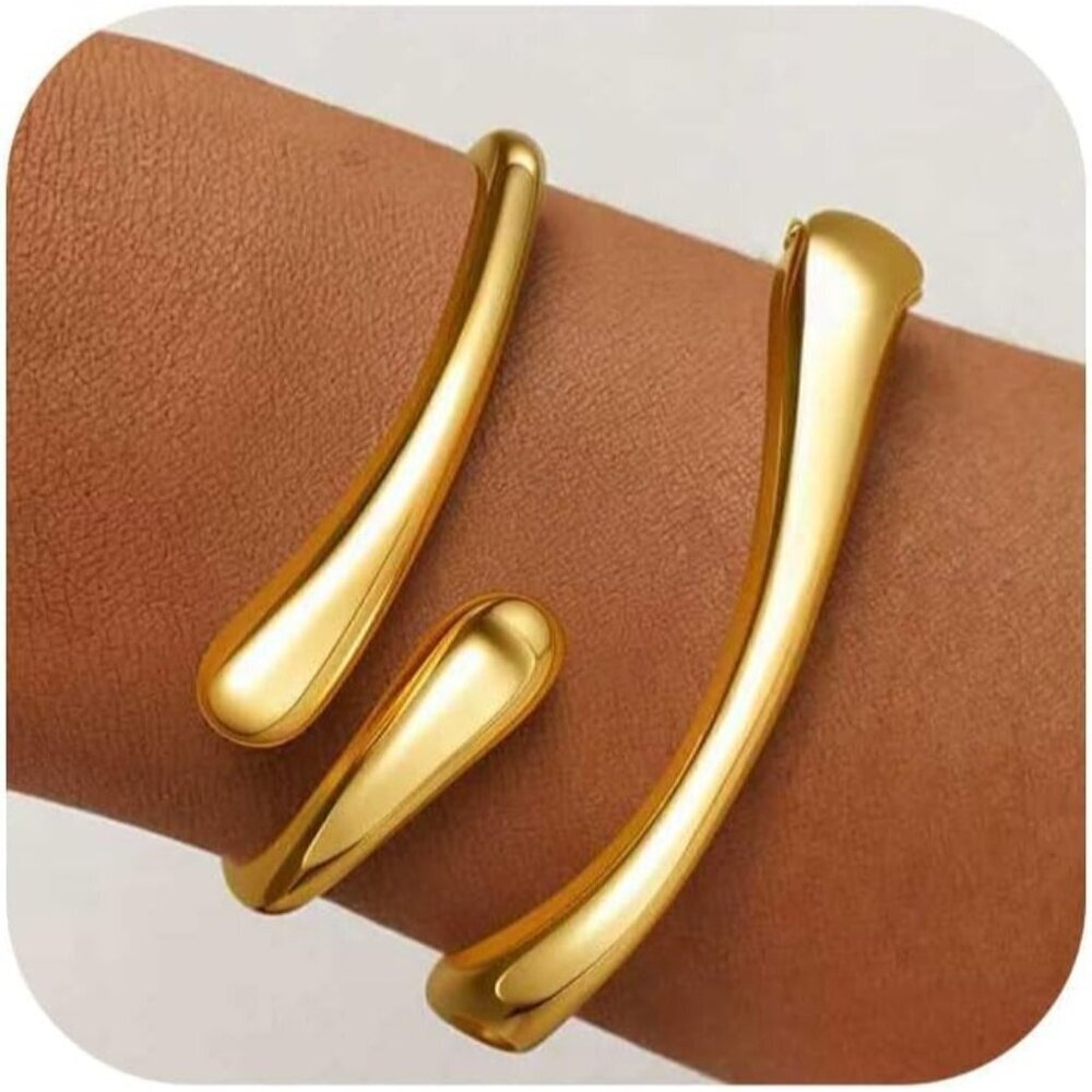 Trendy 18K Gold Plated Chunky Twist Cuff Bangle Set - Non Tarnish, Waterproof